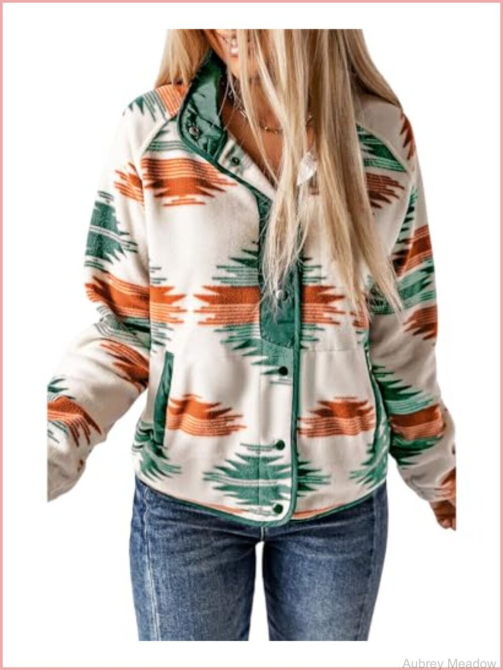 Women's Fleece Jacket Aztec Print Snap Button Up Casual